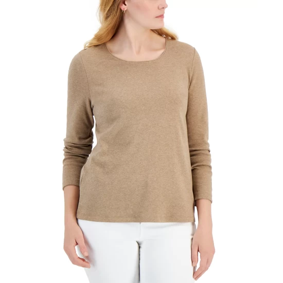 Best reviews of 👍 Karen Scott Long Sleeve Cotton Scoop-Neckline Top, Created For Macy's Chestnut Heather 😍 - Image 13