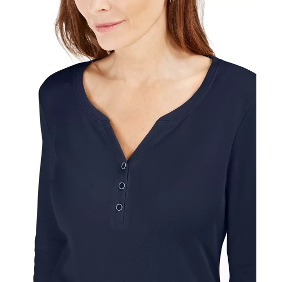 Discount 👍 Karen Scott Petite 3/4-Sleeve Henley 👕 Shirt, Created For Macy's Malbec 😀 - Image 4