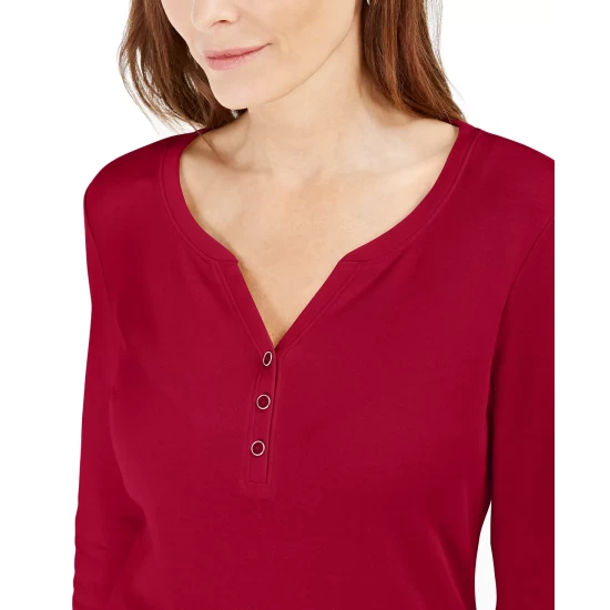 Discount 👍 Karen Scott Petite 3/4-Sleeve Henley 👕 Shirt, Created For Macy's Malbec 😀 - Image 5
