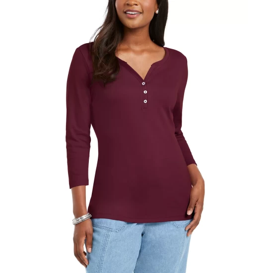 Discount 👍 Karen Scott Petite 3/4-Sleeve Henley 👕 Shirt, Created For Macy's Malbec 😀 - Image 7