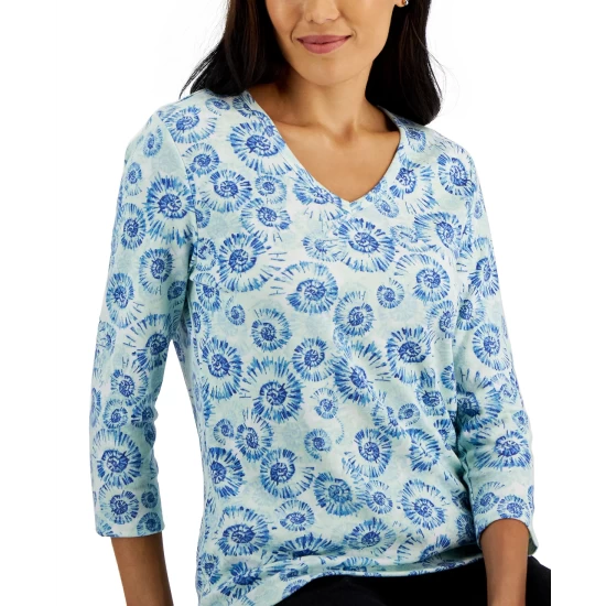 Cheap ⌛ Karen Scott 👩 Women's 3/4-Sleeve Printed V-Neck Top, Created For Macy's Bright White 👏 - Image 4