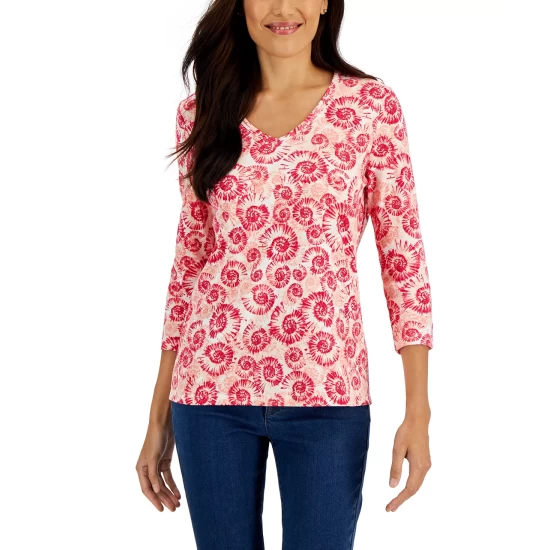 Cheap ⌛ Karen Scott 👩 Women's 3/4-Sleeve Printed V-Neck Top, Created For Macy's Bright White 👏 - Image 5