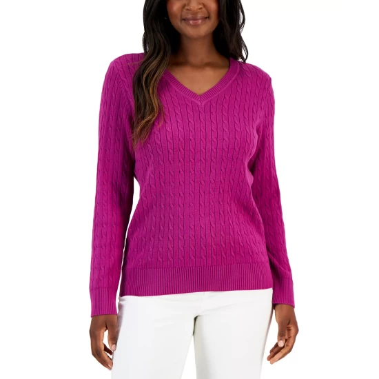 Deals 🛒 Karen Scott Petite Cotton V-Neck Cable Sweater, Created For Macy's Deep Black ⌛ - Image 6