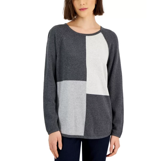 Buy ๐ Karen Scott Cotton Colorblocked Patchwork Sweater, Created For Macy's Deep Black ๐ - Image 4