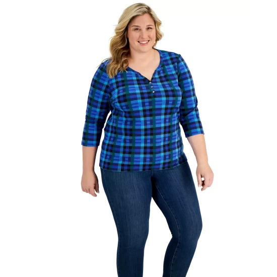 Cheapest ๐ Karen Scott Plus Size Printed Henley Top, Created For Macy's Ultra Blue โ - Image 3