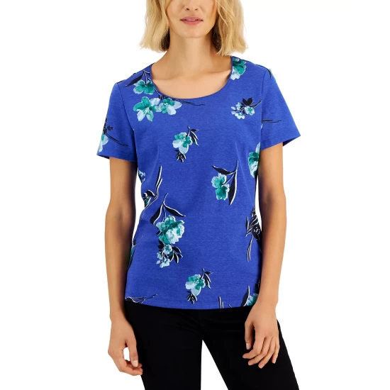 Outlet ๐ฅ Karen Scott ๐ฉ Women's Venus Fleur Printed Relaxed Top, Created For Macy's Ultra Blue โ๏ธ - Image 4