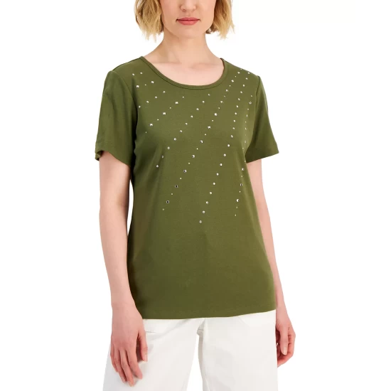 Cheapest ๐ Karen Scott ๐ฉ Women's Cotton Embellished Top, Created For Macy's Malbec ๐คฉ - Image 2