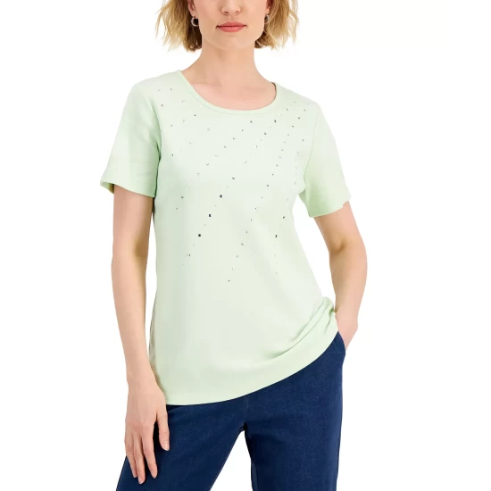 Cheapest ๐ Karen Scott ๐ฉ Women's Cotton Embellished Top, Created For Macy's Malbec ๐คฉ - Image 3