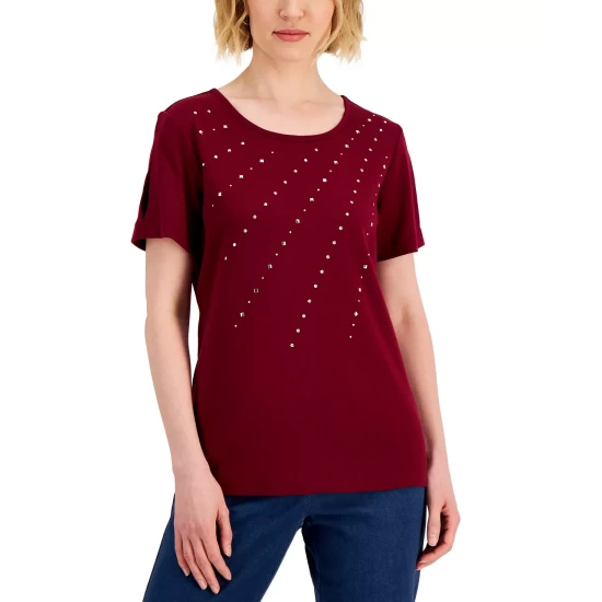 Cheapest ๐ Karen Scott ๐ฉ Women's Cotton Embellished Top, Created For Macy's Malbec ๐คฉ - Image 4