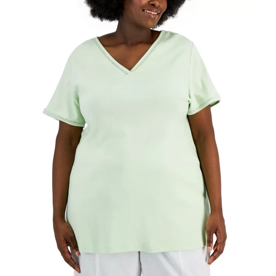 Top 10 🎉 Karen Scott Plus Size Cotton Crochet-Trimmed Top, Created For Macy's Boca Blush ❤️ - Image 2