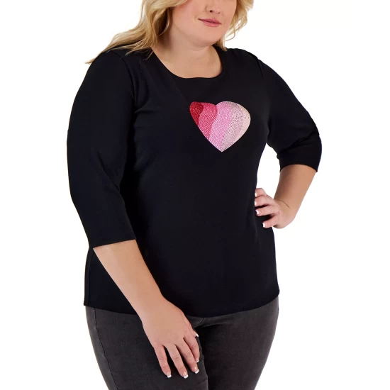Buy ๐ Karen Scott Plus Size Rhinestone Heart Top, Created For Macy's Deep Black ๐ฅ - Image 4