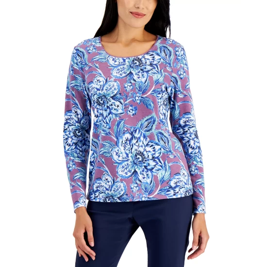 Flash Sale 🌟 Karen Scott 👩 Women's Folk Floral Printed Top, Created For Macy's Plum Rosette 👏 - Image 2