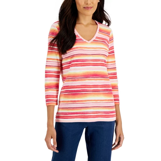 Best Pirce ✨ Karen Scott 👩 Women's Waterview-Stripe 3/4-Sleeve Top, Created For Macy's Ultra Blue 🥰 - Image 3