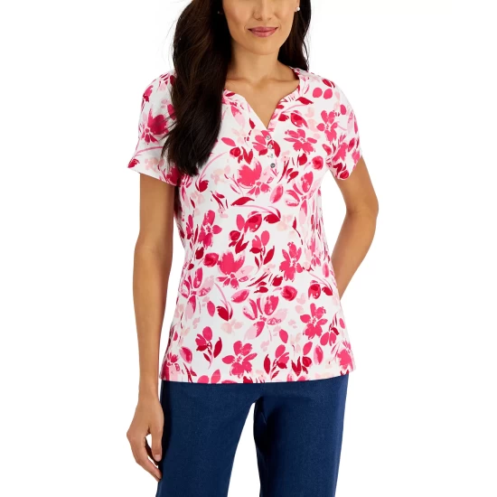 Best reviews of ๐ฅฐ Karen Scott Petite Lola Floral Short-Sleeve Henley Top, Created For Macy's New Red Amore โจ - Image 4