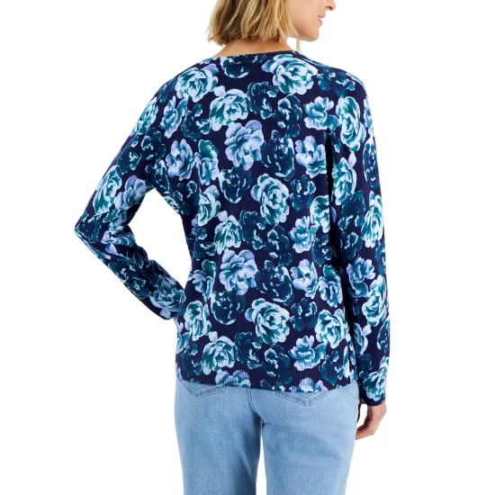 Wholesale ๐ Karen Scott Petite Rose-Print Cardigan, Created For Macy's Crescendo Blue ๐งจ - Image 4