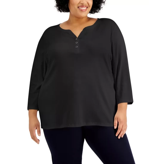 Best deal ๐ Karen Scott Plus Size 3/4-Sleeve Henley Top, Created For Macy's Bright White ๐ - Image 2