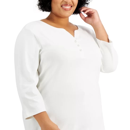 Best deal ๐ Karen Scott Plus Size 3/4-Sleeve Henley Top, Created For Macy's Bright White ๐ - Image 3