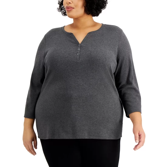 Best deal ๐ Karen Scott Plus Size 3/4-Sleeve Henley Top, Created For Macy's Bright White ๐ - Image 4