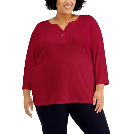 Best deal ๐ Karen Scott Plus Size 3/4-Sleeve Henley Top, Created For Macy's Bright White ๐ - Image 6