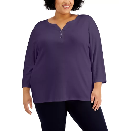 Best deal ๐ Karen Scott Plus Size 3/4-Sleeve Henley Top, Created For Macy's Bright White ๐ - Image 8