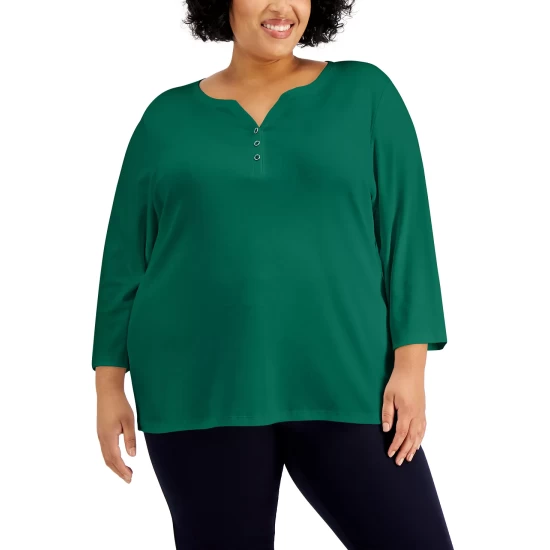 Best deal ๐ Karen Scott Plus Size 3/4-Sleeve Henley Top, Created For Macy's Bright White ๐ - Image 10