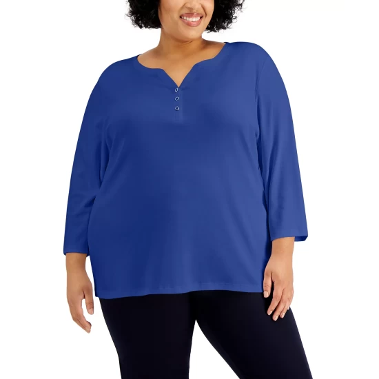 Best deal ๐ Karen Scott Plus Size 3/4-Sleeve Henley Top, Created For Macy's Bright White ๐ - Image 11