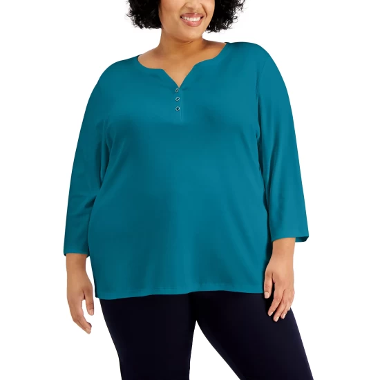Best deal ๐ Karen Scott Plus Size 3/4-Sleeve Henley Top, Created For Macy's Bright White ๐ - Image 13