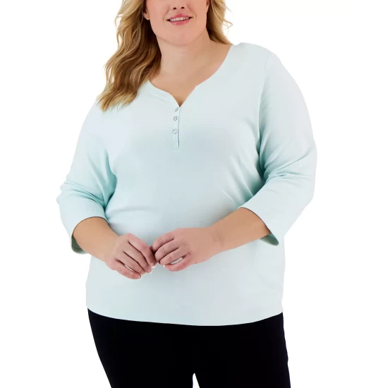 Best deal ๐ Karen Scott Plus Size 3/4-Sleeve Henley Top, Created For Macy's Bright White ๐ - Image 14