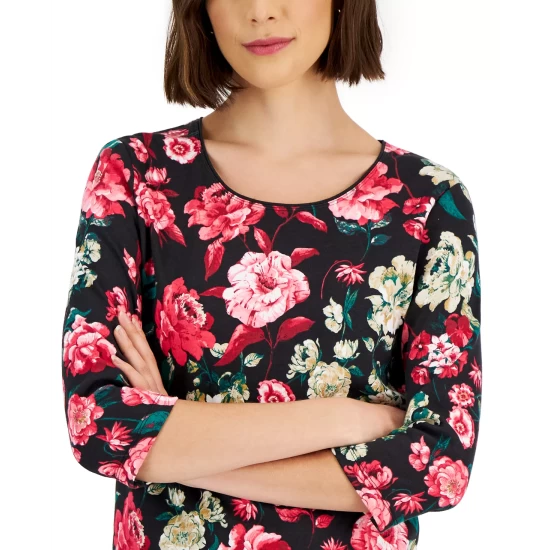 Brand new ๐ฅ Karen Scott Petite Cardinal Roses Scoop-Neck Top, Created For Macy's Deep Black ๐ - Image 4