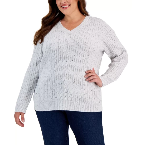 Best Sale 🎉 Karen Scott Plus Size Cable-Knit V-Neck Nep Sweater, Created For Macy's Winter White Nep 🎁 - Image 2