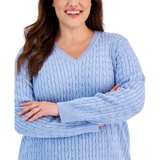 Best Sale 🎉 Karen Scott Plus Size Cable-Knit V-Neck Nep Sweater, Created For Macy's Winter White Nep 🎁 - Image 3