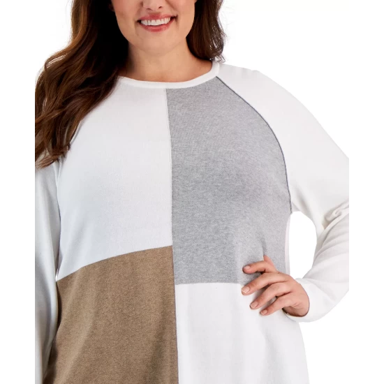 Deals ๐ฅ Karen Scott Plus Size Curved Hem Colorblocked Sweater, Created For Macy's Winter White โญ - Image 4