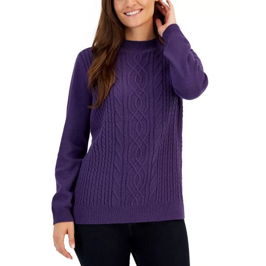 Deals ⌛ Karen Scott Petite Cable-Knit Mock-Neck Sweater, Created For Macy's Cassis ✔️ - Image 4