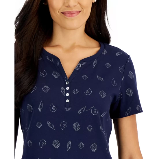 Outlet ๐ฅฐ Karen Scott ๐ฉ Women's Short-Sleeve Shell-Print Henley Top, Created For Macy's Intrepid Blue ๐ฅฐ - Image 4