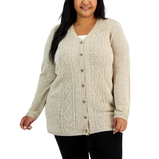 Cheap 😉 Karen Scott Plus Size V-Neck Cable-Knit Cardigan, Created For Macy's Beige Marl 😉 - Image 5
