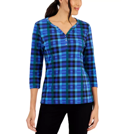 Outlet ๐งจ Karen Scott ๐ฉ Women's Plaid Henley Top, Created For Macy's Ultra Blue โญ - Image 4