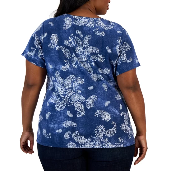 Best Sale ๐ฅ Karen Scott Plus Size Paisley-Print Henley Top, Created For Macy's Granada Sky ๐ - Image 5