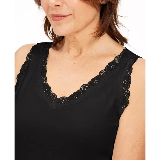 Cheap 🔥 Karen Scott Petite Cotton Lace-Trim Tank Top, Created For Macy's Deep Black 🥰 - Image 3