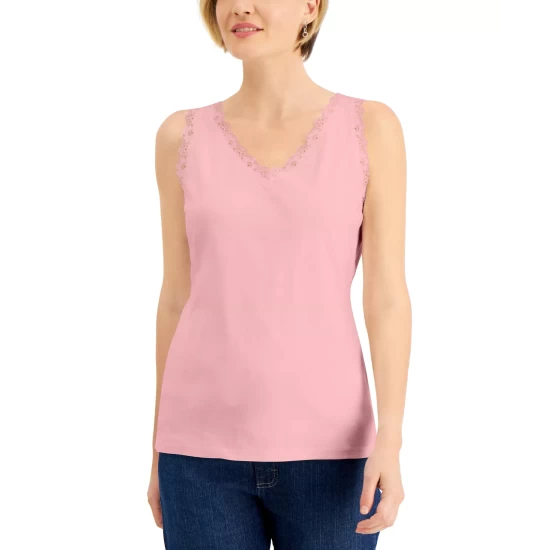 Cheap 🔥 Karen Scott Petite Cotton Lace-Trim Tank Top, Created For Macy's Deep Black 🥰 - Image 6