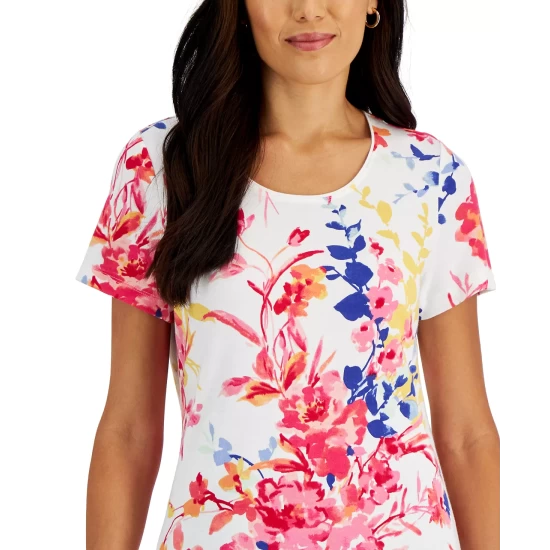 Outlet 🌟 Karen Scott Kren Scott Petite Splashy Floral Scoop-Neck Knit Top, Created For Macy's Bright White ✨ - Image 4