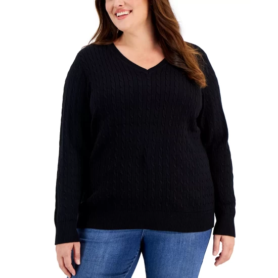 Budget 🎁 Karen Scott Plus Size Cable-Knit V-Neck Sweater, Created For Macy's Soft Pink 😍 - Image 2