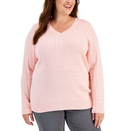 Budget 🎁 Karen Scott Plus Size Cable-Knit V-Neck Sweater, Created For Macy's Soft Pink 😍 - Image 3