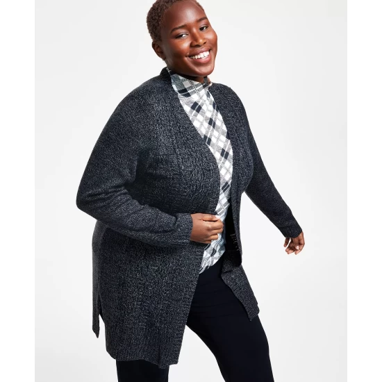 Brand new โ Karen Scott Plus Size Open-Front Duster Cardigan, Created For Macy's Black Ash Marl ๐ - Image 7
