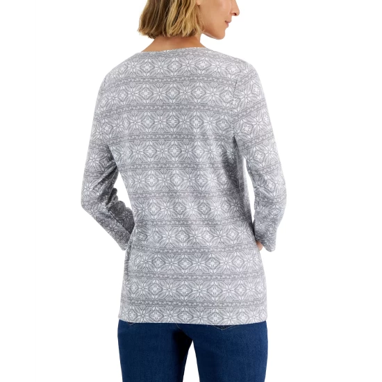 Promo ๐ Karen Scott ๐ฉ Women's 3/4-Sleeve Snowflake Henley Top, Created For Macy's Smoke Grey Heather ๐ - Image 3