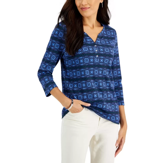Promo ๐ Karen Scott ๐ฉ Women's 3/4-Sleeve Snowflake Henley Top, Created For Macy's Smoke Grey Heather ๐ - Image 4