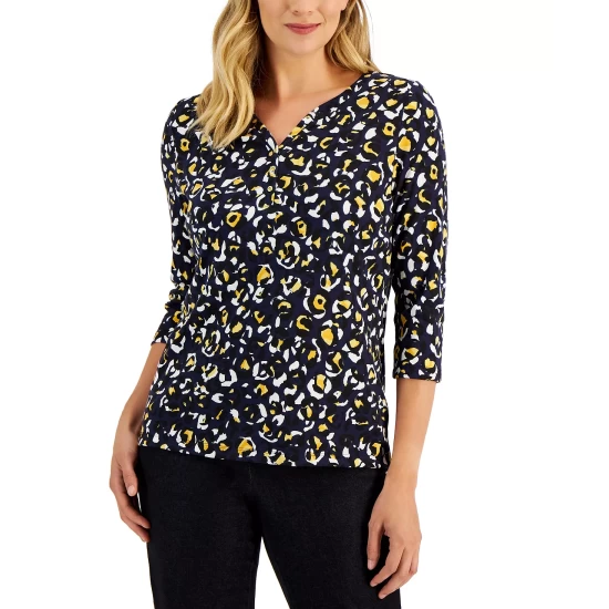 Buy ๐ Karen Scott ๐ฉ Women's Leopard-Print 3/4-Sleeve Henley Top, Created For Macy's Intrepid Blue ๐ - Image 5