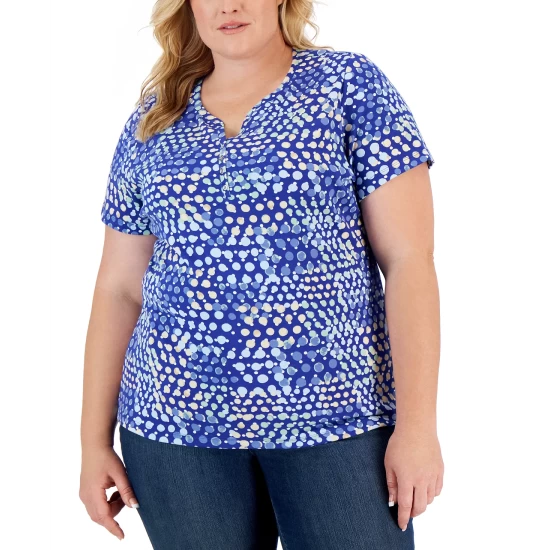 Cheap ๐ Karen Scott Plus Size Mod Dots Henley Top, Created For Macy's Steel Rose ๐ - Image 4