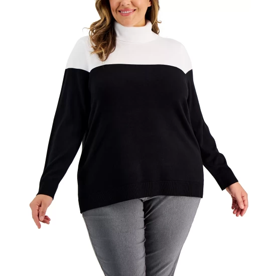 Budget 🎁 Karen Scott Plus Size Colorblock Turtleneck Sweater, Created For Macy's Sea Pink Malbec 🔔 - Image 4