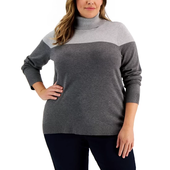 Budget 🎁 Karen Scott Plus Size Colorblock Turtleneck Sweater, Created For Macy's Sea Pink Malbec 🔔 - Image 5