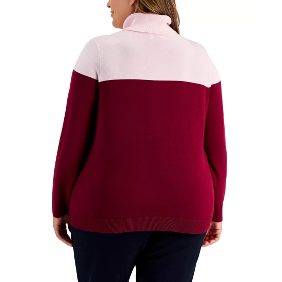 Budget 🎁 Karen Scott Plus Size Colorblock Turtleneck Sweater, Created For Macy's Sea Pink Malbec 🔔 - Image 6